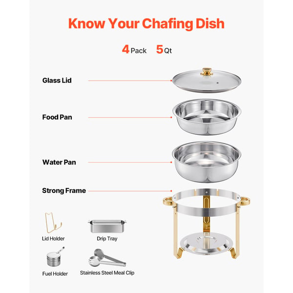 Chafing Dish Buffet Sæt, 5 Qt 4-pak Rustfrit Stål, Guld