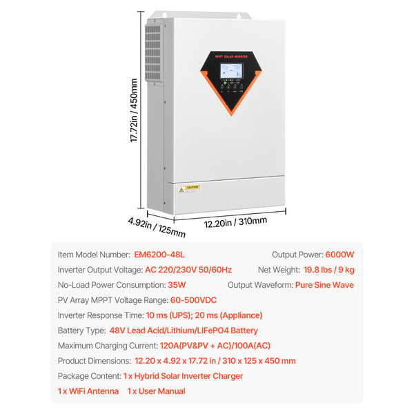 Hybrid solcelleinverter 6000W 450x310x125 mm, Off-grid strømforsyning