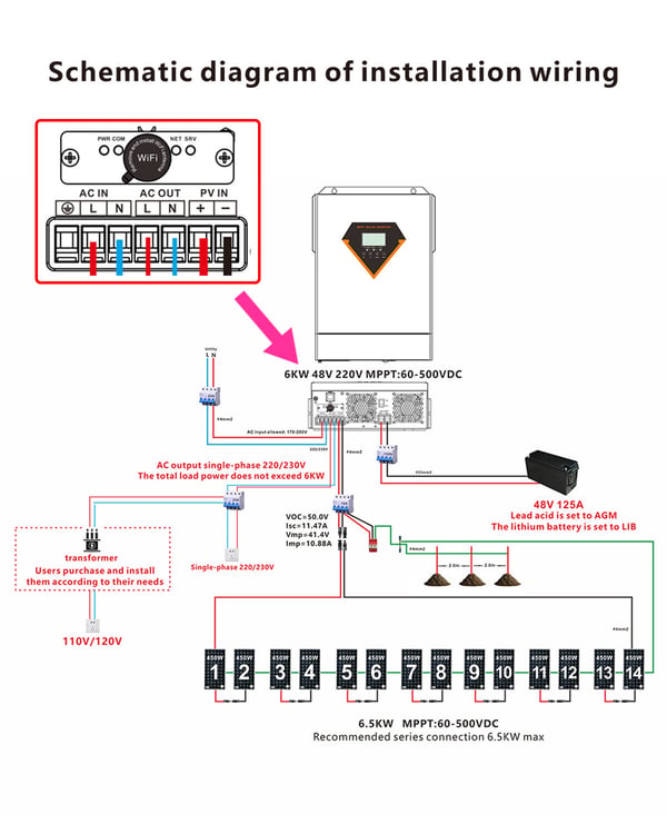 Hybrid solcelleinverter 6000W 450x310x125 mm, Off-grid strømforsyning