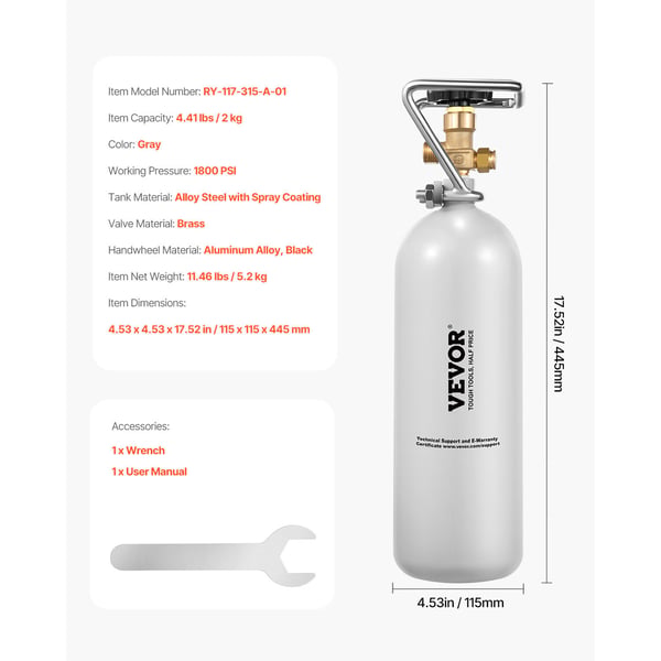 CO2-tank, 115x115x445 mm, grå, legeret stål