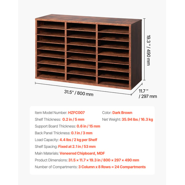 Litteraturorganisator, 24 rum, 80x29,7x49 cm, brun, opbevaring i spånplade