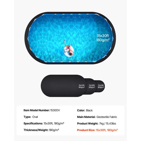 Pool Liner Underlag, Oval, 457x914 cm, Sort, Geotekstil Materiale