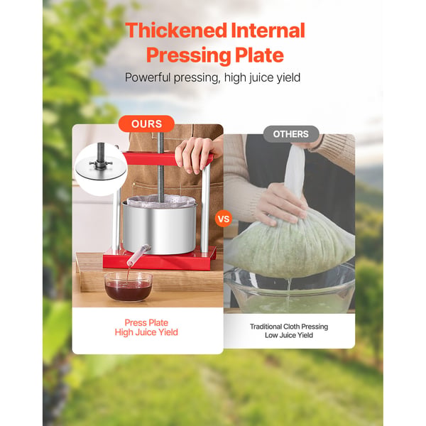 Frukt- och vinpress, 3L manuell juicepress, 26x20,5x35,5 cm, röd, rostfritt stål