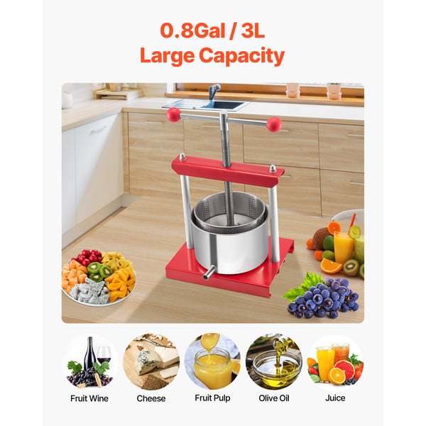 Frukt- och vinpress, 3L manuell juicepress, 26x20,5x35,5 cm, röd, rostfritt stål