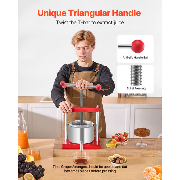 Frukt- och vinpress, 3L manuell juicepress, 26x20,5x35,5 cm, röd, rostfritt stål