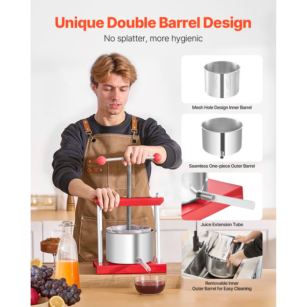 Frukt- och vinpress, 3L manuell juicepress, 26x20,5x35,5 cm, röd, rostfritt stål