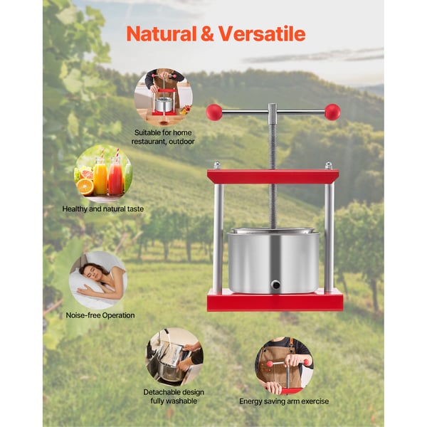 Frukt- och vinpress, 3L manuell juicepress, 26x20,5x35,5 cm, röd, rostfritt stål
