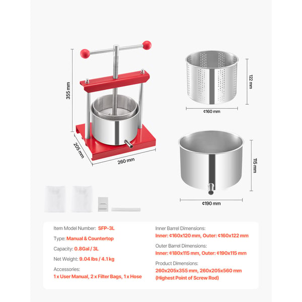 Frukt- och vinpress, 3L manuell juicepress, 26x20,5x35,5 cm, röd, rostfritt stål