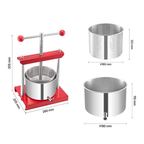 Frukt- och vinpress, 3L manuell juicepress, 26x20,5x35,5 cm, röd, rostfritt stål