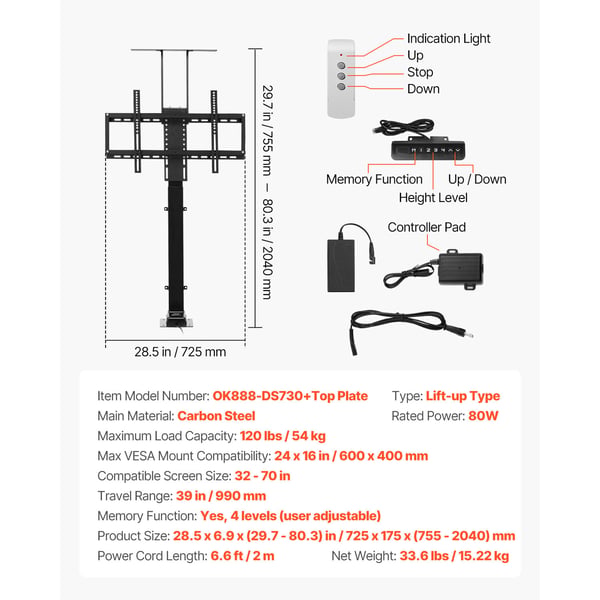Motoriseret TV-liftstativ, 72,5x17,5x75,5-204 cm, stål