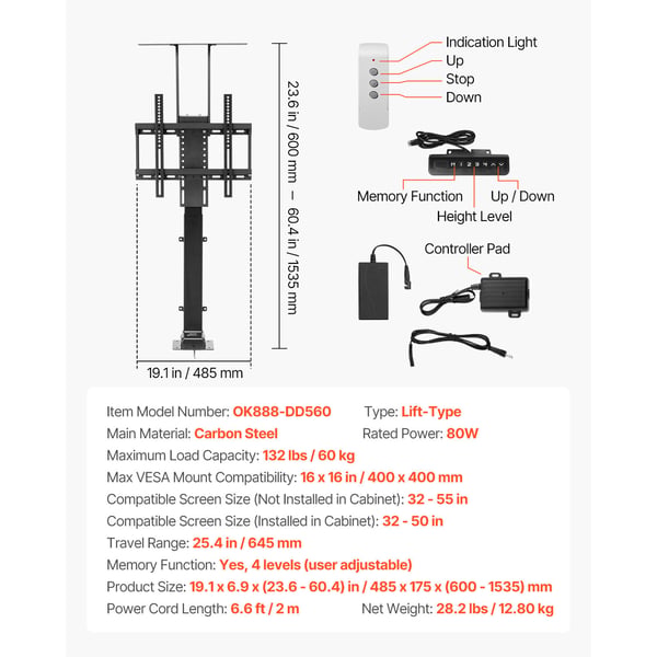 Motoriseret TV-liftstativ, 48,5x17,5x60-153,5 cm, Justerbar, Stål