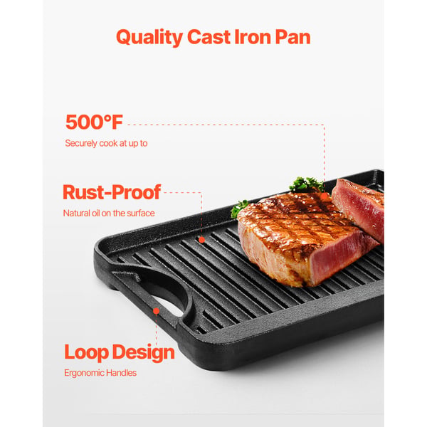 Grill og stegeplade, 35,6x21,6 cm, Sort, Støbejern
