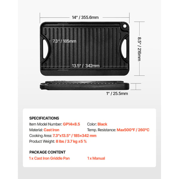 Grill og stegeplade, 35,6x21,6 cm, Sort, Støbejern