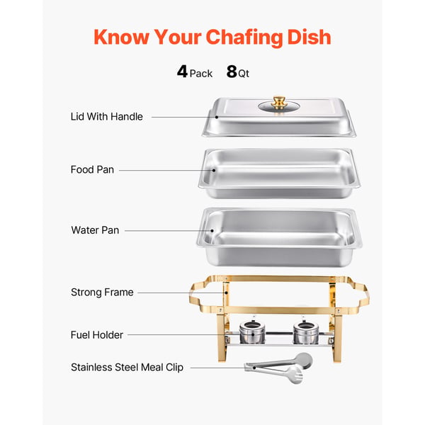 Chafing Dish Buffet Sæt, 4 stk 8 Qt, Rustfrit Stål, Guld, Catering Varmer