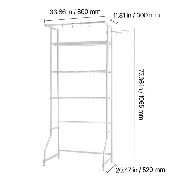 Vaskerumsopbevaringsreol, 86x30x196,5 cm, Hvid, Metal
