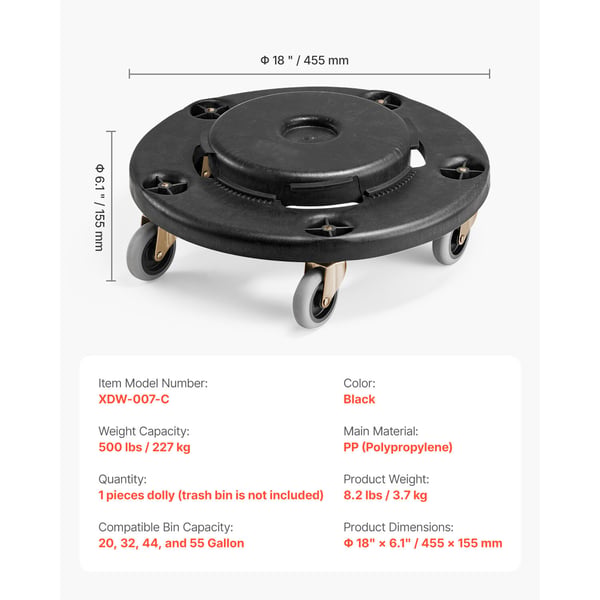 Soptunne-vagn, 45,5x15,5 cm, Svart, Extra robust