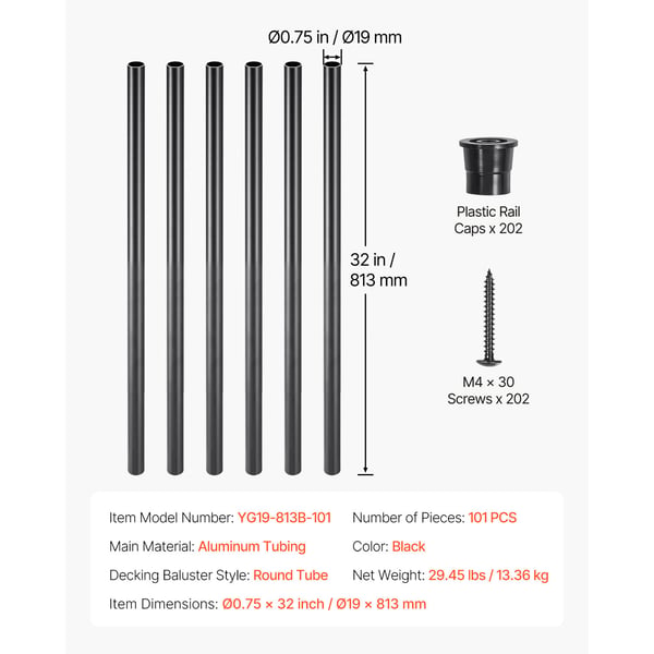 Trappebalustre, 101 stk., 1.9x81.3 cm, Sort, Aluminium