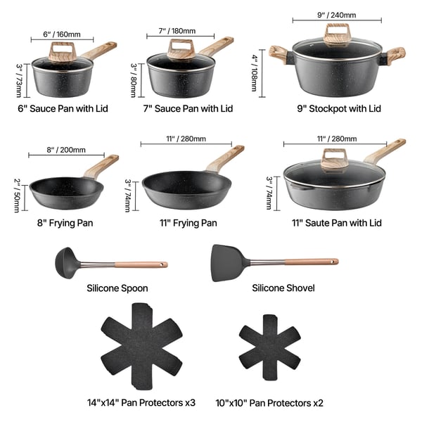 Kogegrejssæt, 17 dele, non-stick granit, sort, køkken
