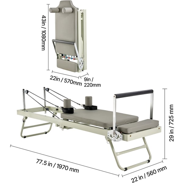 Pilates Reformer, 208x56x72,5 cm, taitettava kuntoilulaite
