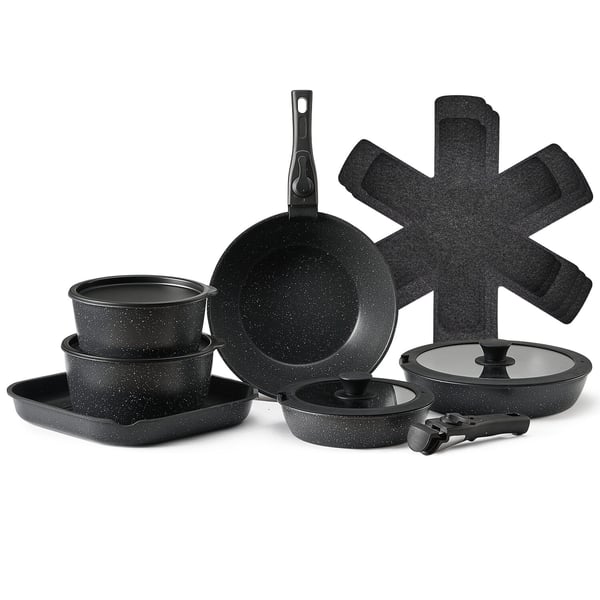 Kogegrejssæt, 17 dele, granit non-stick, aftageligt håndtag, sort