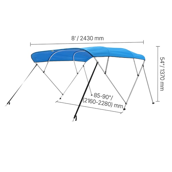 Veneen bimini-katos, 4 kaarta 96x85-90x54 cm, Pacific Blue, polyesterikatos