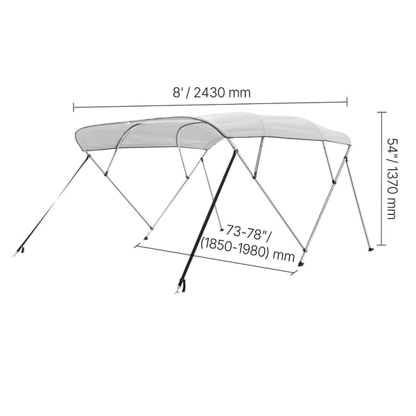 Båd Bimini Top, 4-bue 600D polyester kaleche 244x185-198x137 cm, lysegrå