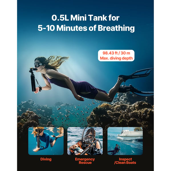 Scuba Tank, 0,5L Portabel Dykarsyrgastub, 7,3x36,5 cm, Svart, Aluminium