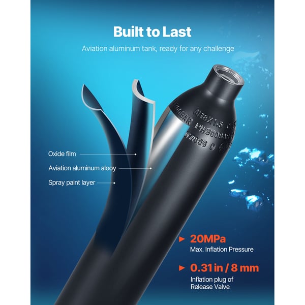 Scuba Tank, 0,5L Portabel Dykarsyrgastub, 7,3x36,5 cm, Svart, Aluminium