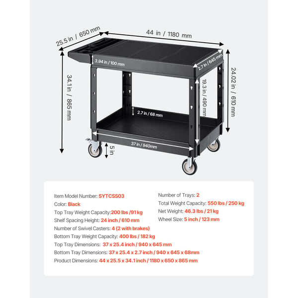 Serveringsvagn, 94x64.5x6.8 cm, Svart, Plast