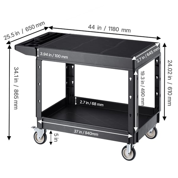 Serveringsvagn, 94x64.5x6.8 cm, Svart, Plast