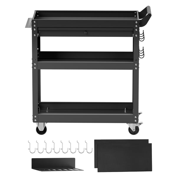 Værktøjsvogn, 4-lags rullende værktøjsvogn med skuffe og hulplade, 83x35x82,6 cm, sort, metalopbevaring