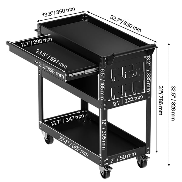 Værktøjsvogn, 4-lags rullende værktøjsvogn med skuffe og hulplade, 83x35x82,6 cm, sort, metalopbevaring