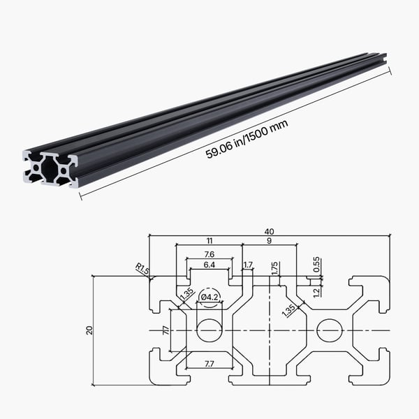 Aluminiumprofilskena, 1500x20x40 mm, Svart, Anodiserad linjärskena