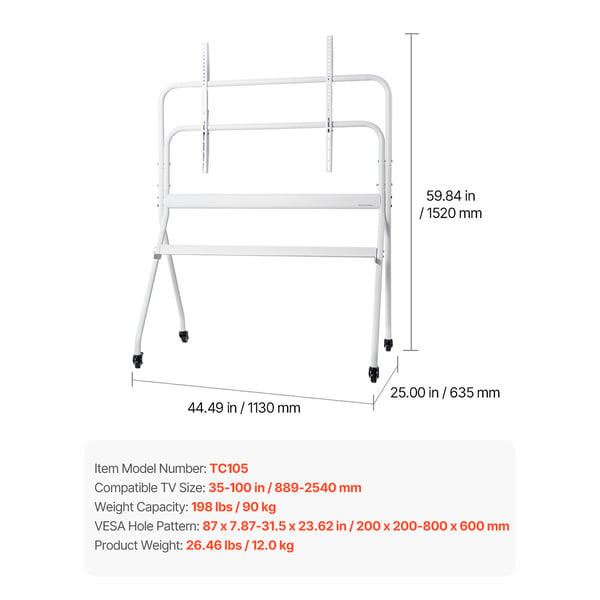 Rullende TV-stander, 1130x635x1520 cm, Sort, Justerbar mobilvogn