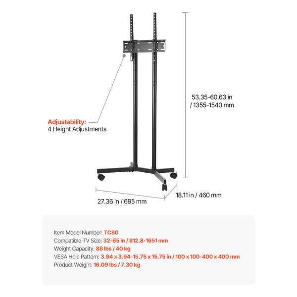 TV-bord, Rullende mobil TV-vogn højdejusterbar, 69,5x46x135,5~154 cm