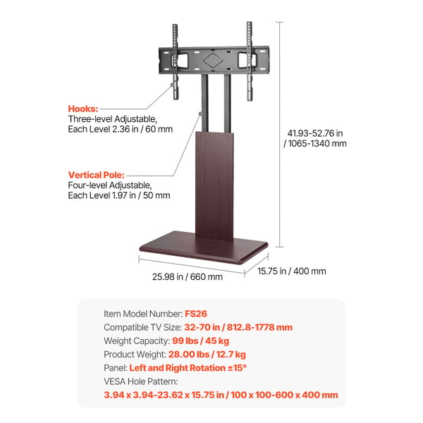 TV-bord, Universalt bordstativ, 66x40x106,5-134 cm, Justerbart, Sort, Metal