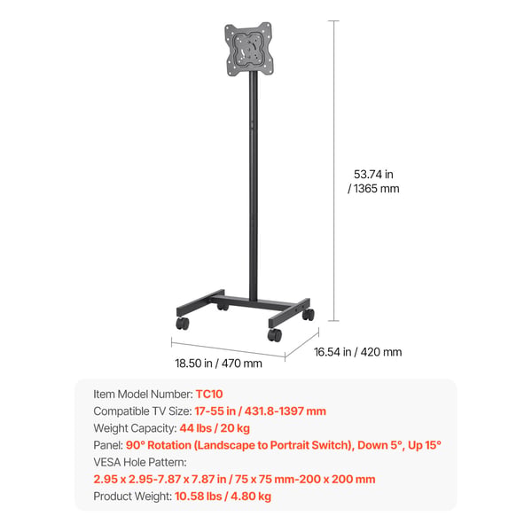 TV-bord, Rullende mobil TV-stander 47x42x136,5 cm, Sort, Justerbar