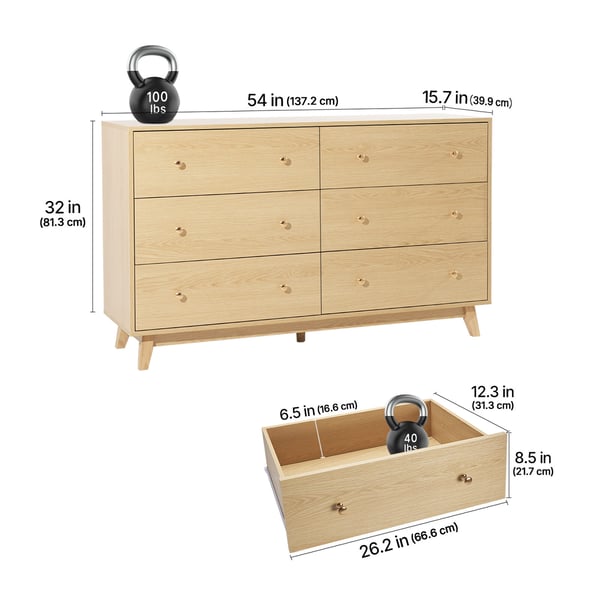 Kommode, 6-skuffers træskænk, 39,9x137,2x81,3 cm, lys træ
