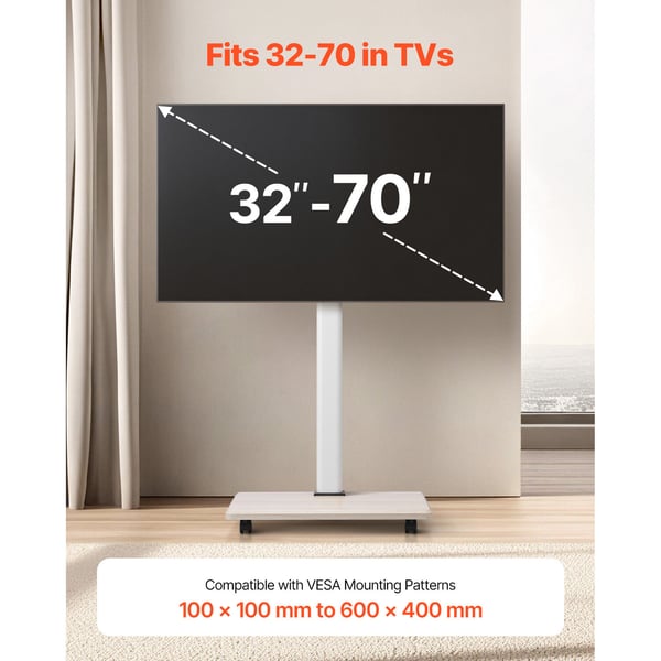TV-bord, Rullende mobil TV-vogn, 66x38x114,5-135 cm, Justerbar, Metal
