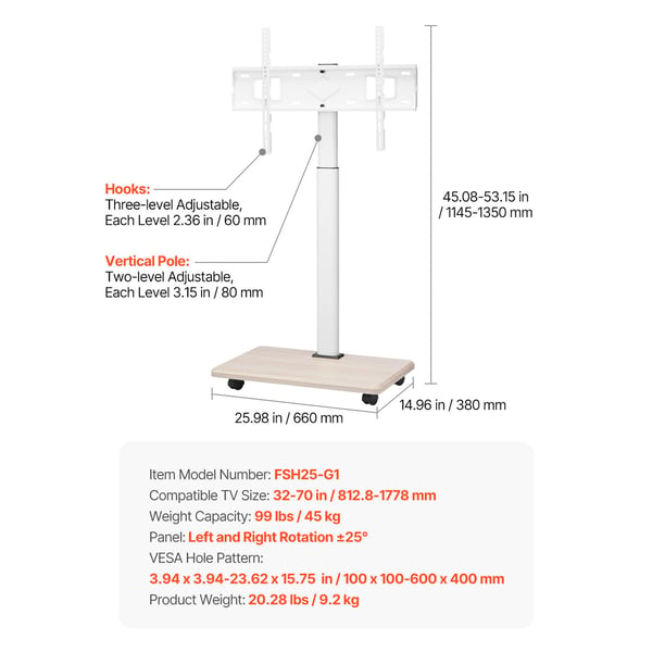 TV-bord, Rullende mobil TV-vogn, 66x38x114,5-135 cm, Justerbar, Metal
