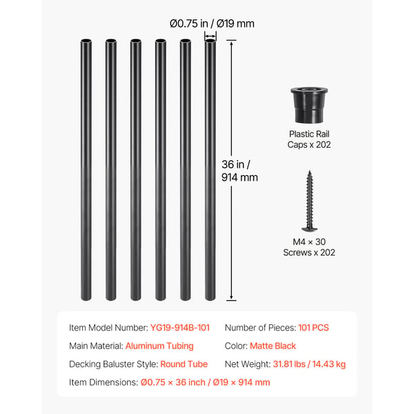 Trappebalustre, 101 stk., 1,9x91,4 cm, Sort, Aluminium