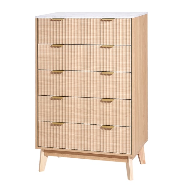 Byrå, 5-lådig räfflad byrå, 39,9x74,9x121,9 cm, Ljus trä, Förvaring