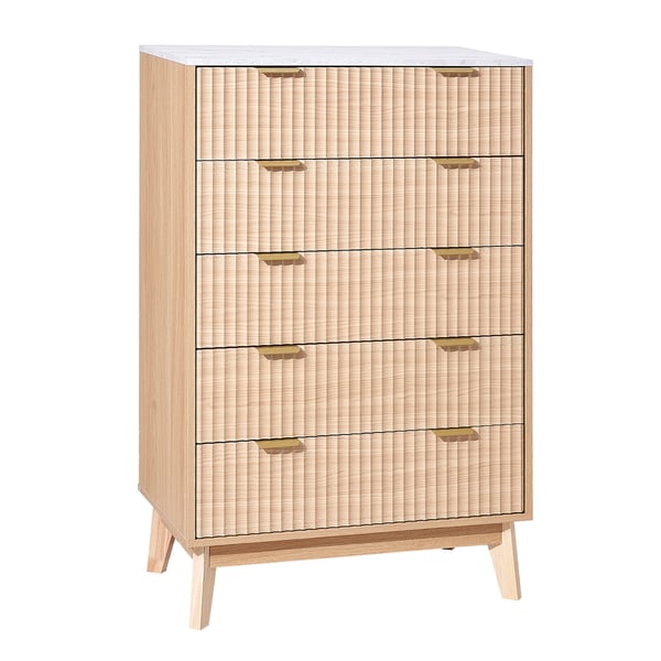 Byrå, 5-lådig räfflad byrå, 39,9x74,9x121,9 cm, Ljus trä, Förvaring