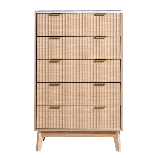 Byrå, 5-lådig räfflad byrå, 39,9x74,9x121,9 cm, Ljus trä, Förvaring