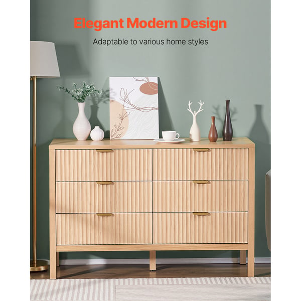 Kommode, 6-skuffers riflet træskab, 39,9x119,9x78,7 cm, lyst træ