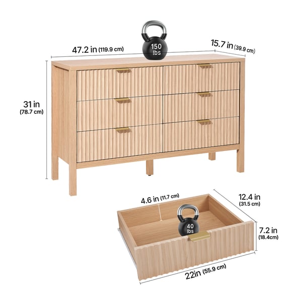 Kommode, 6-skuffers riflet træskab, 39,9x119,9x78,7 cm, lyst træ