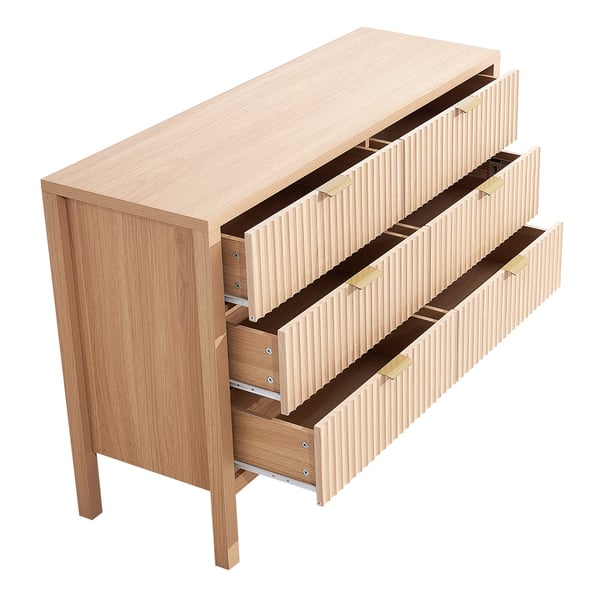 Kommode, 6-skuffers riflet træskab, 39,9x119,9x78,7 cm, lyst træ