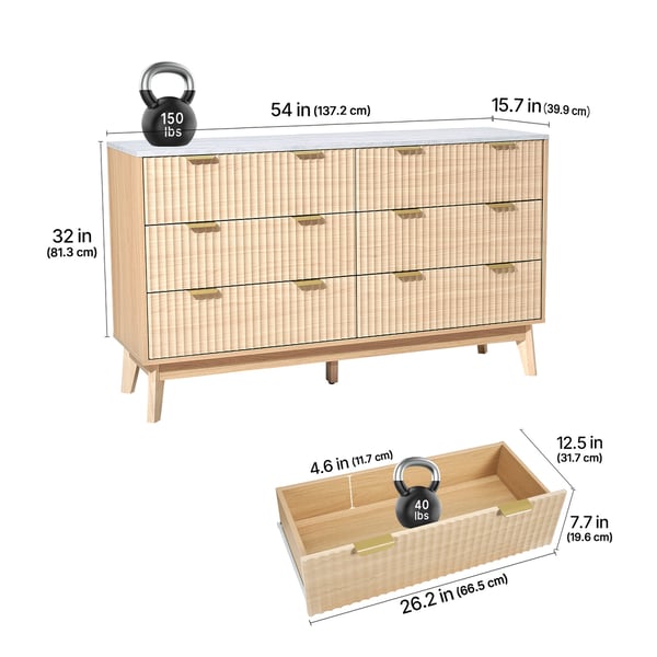 Byrå, 6 räfflade lådor, 39,9x137,2x81,3 cm, Ljus trä, Förvaring