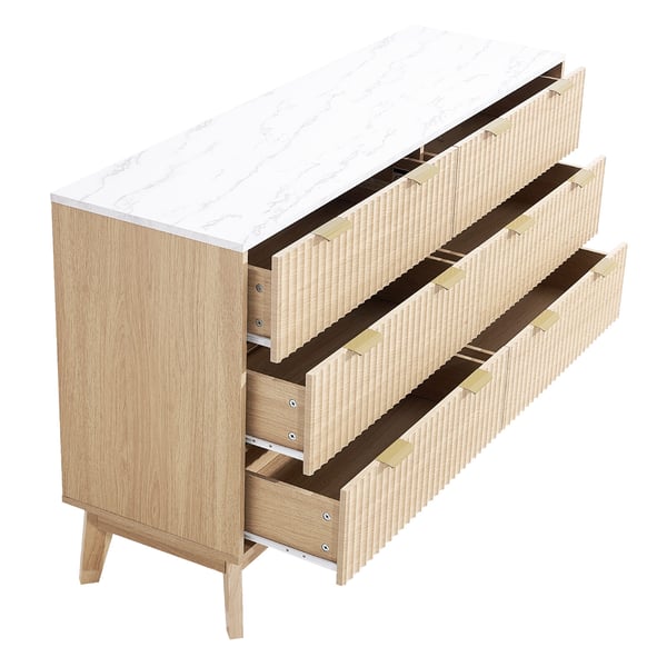 Byrå, 6 räfflade lådor, 39,9x137,2x81,3 cm, Ljus trä, Förvaring