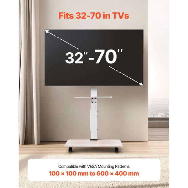 TV-bänk, Rullande mobil TV-vagn, 66x38x136,5-162 cm, Justerbar